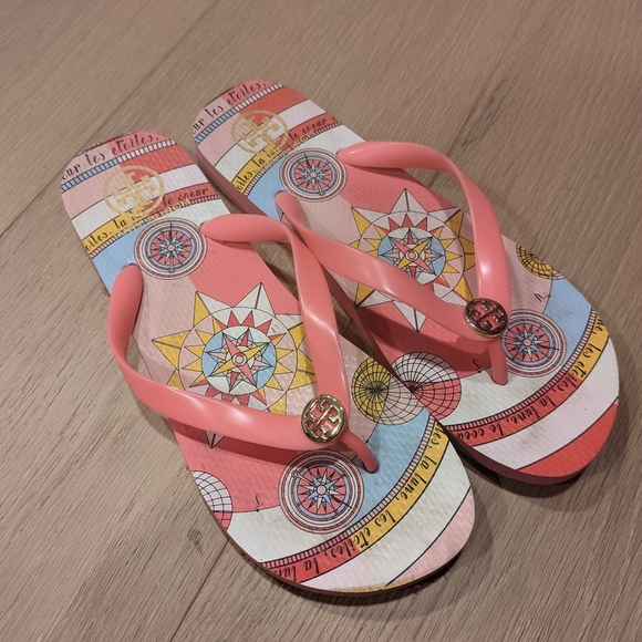 Tory Burch Pink Patterned Flip Flops - Picture 1 of 10